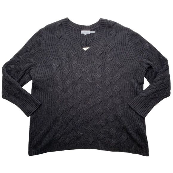 Calvin Klein Cable Knit Sweater‎ Women's 2X Black Plus Size V-Neck Soft NEW - Picture 2 of 7